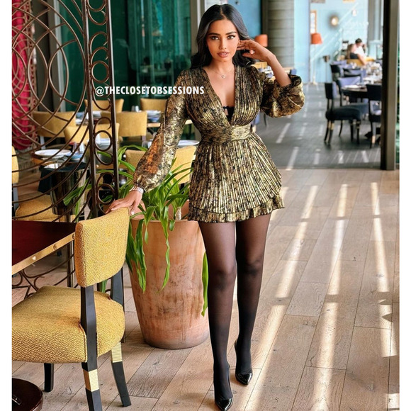 ZARA Metallic V-Neck Pleated Mini Dress NWT | Gold Long Sleeve (M) - Picture 14 of 16